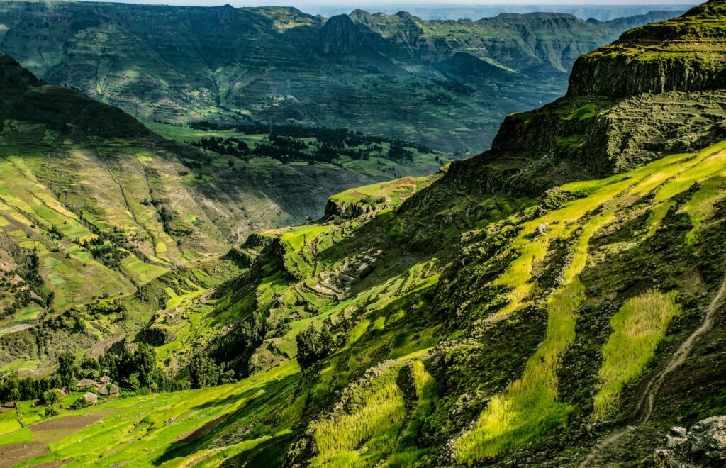 Green terraced mountain valleys in the Ethiopian highlands